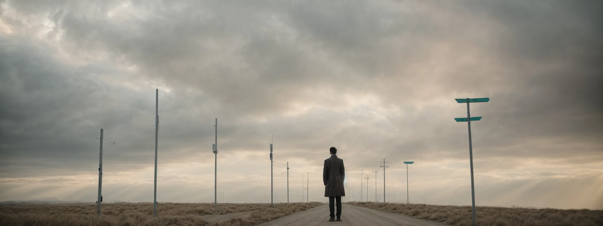 a person standing at a crossroads with signposts pointing towards various digital marketing specializations under a vast, cloud-scattered sky.