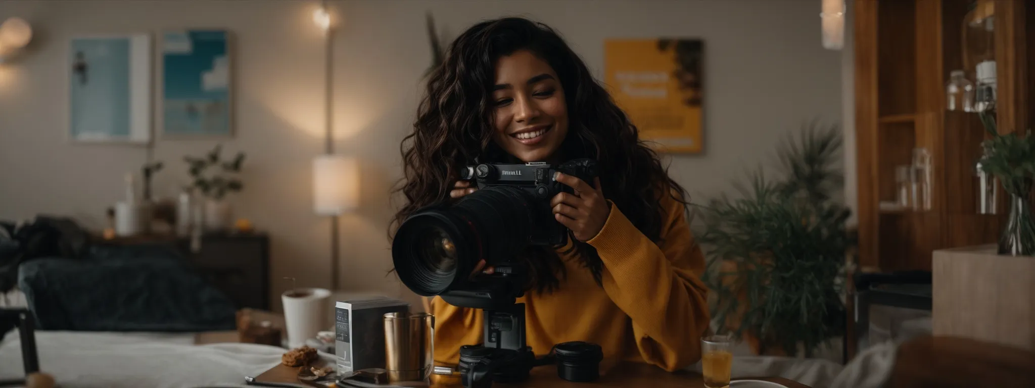 an influencer smiling with a product in a well-lit, cozy room, capturing the attention of a camera lens.