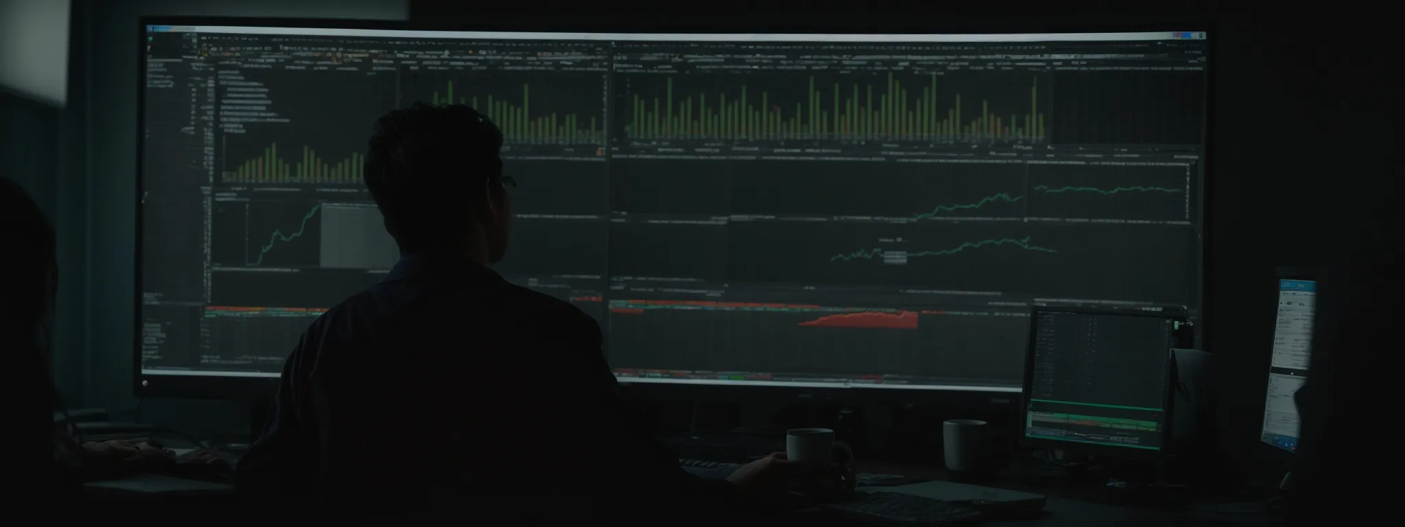 a person sits in front of a computer, analyzing a comprehensive excel workbook replete with seo data and strategies.