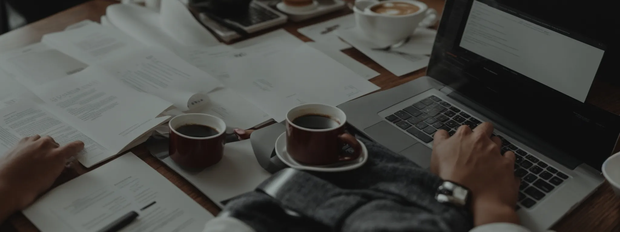 a person typing on a laptop surrounded by marketing strategy documents and a coffee cup.