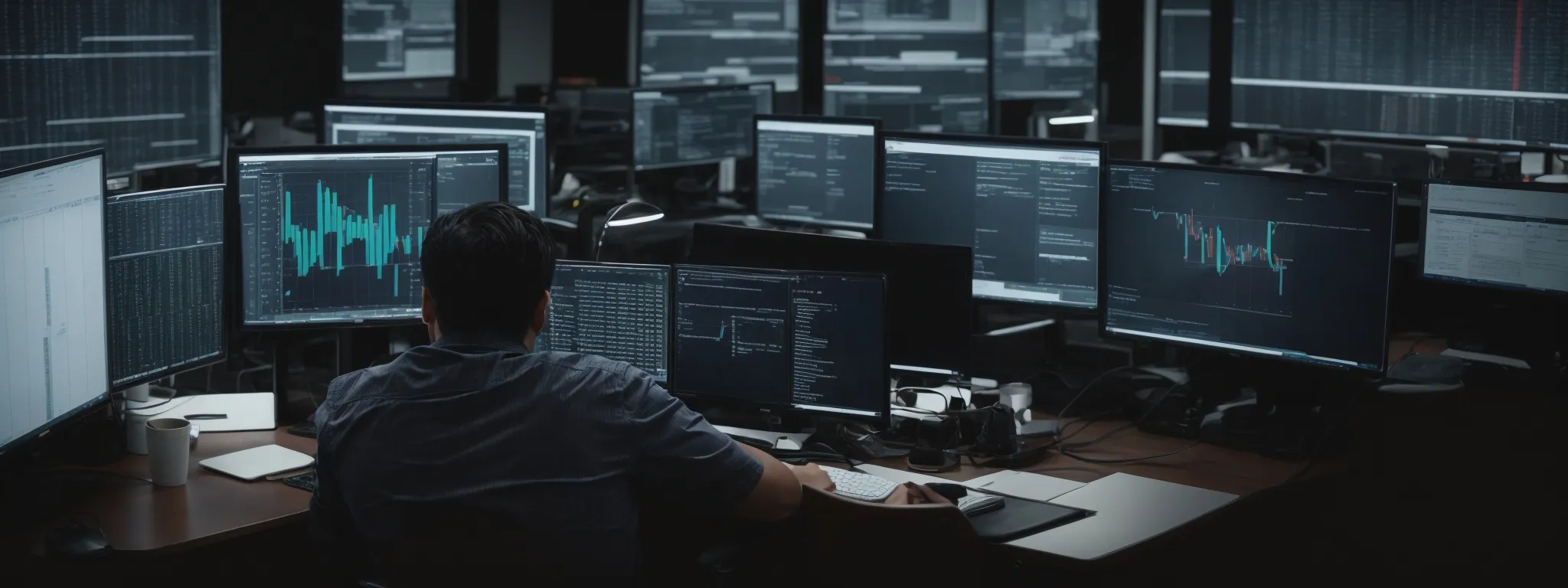a person sits at a modern desk, focused on multiple computer screens displaying analytics and website data.