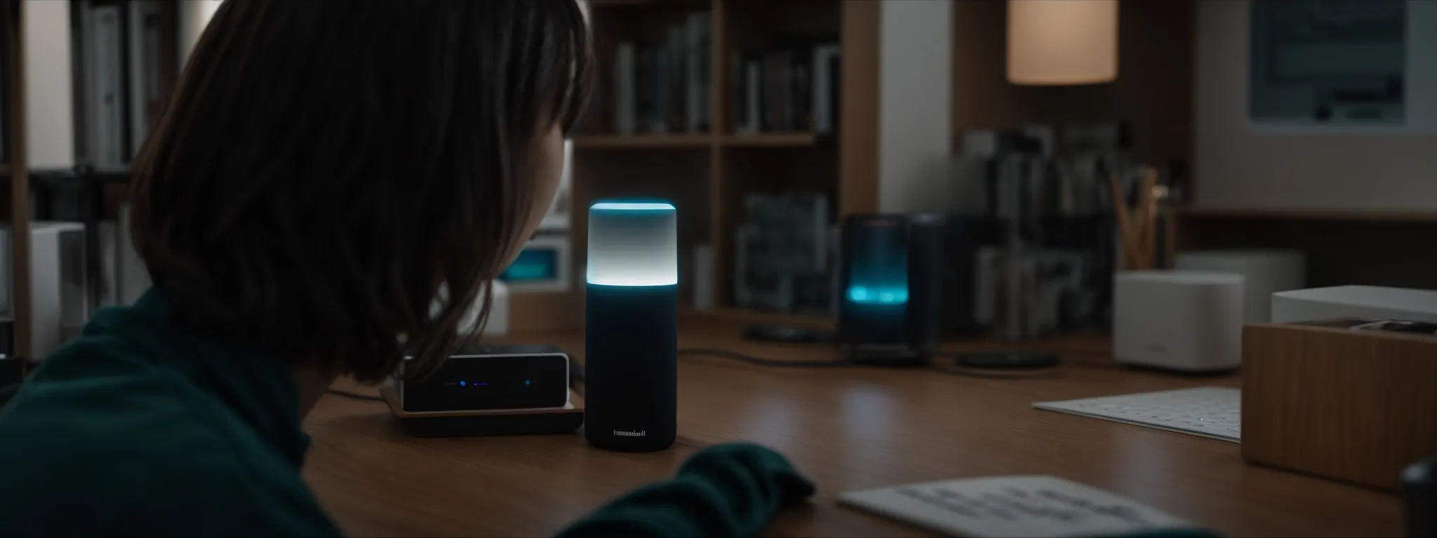 a person speaking to a smart speaker on a desk, indicating voice-activated technology in use.