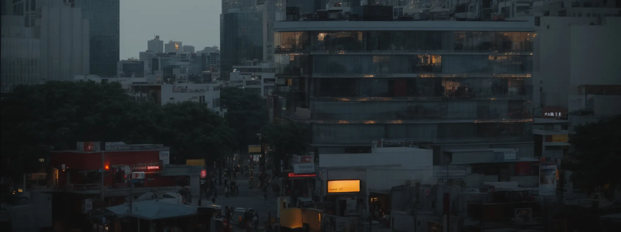 a billboard atop a city building, with people gathered around an interactive display on the street below.