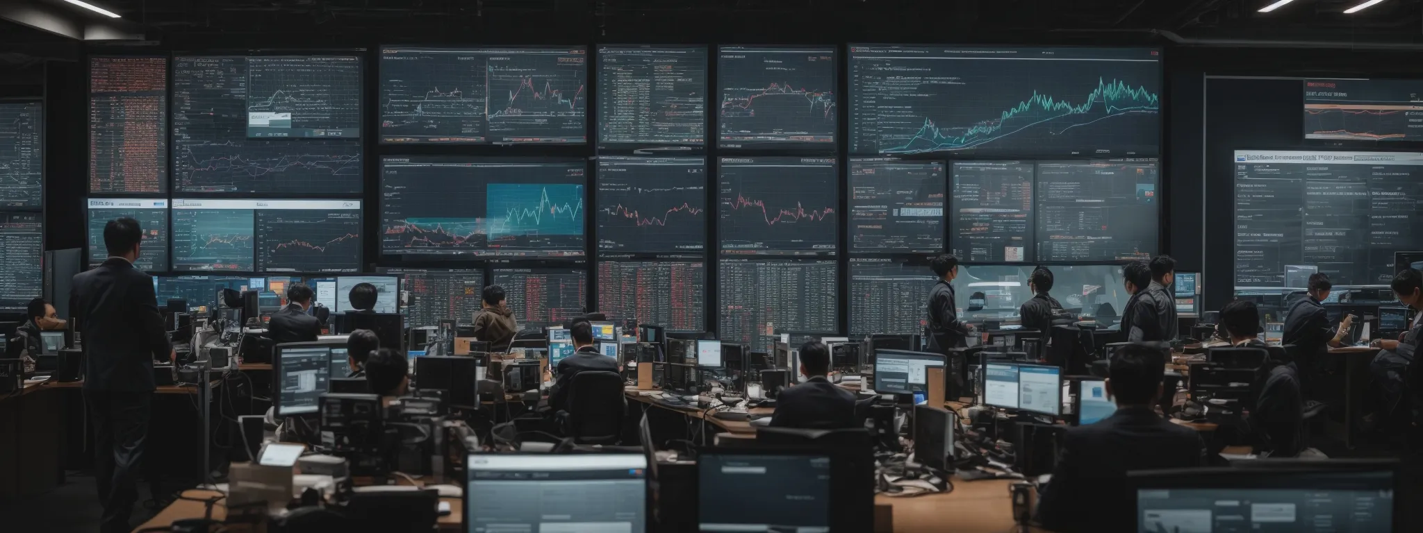 a bustling ecommerce command center with multiple screens displaying website analytics, social media metrics, and marketing automation dashboards.