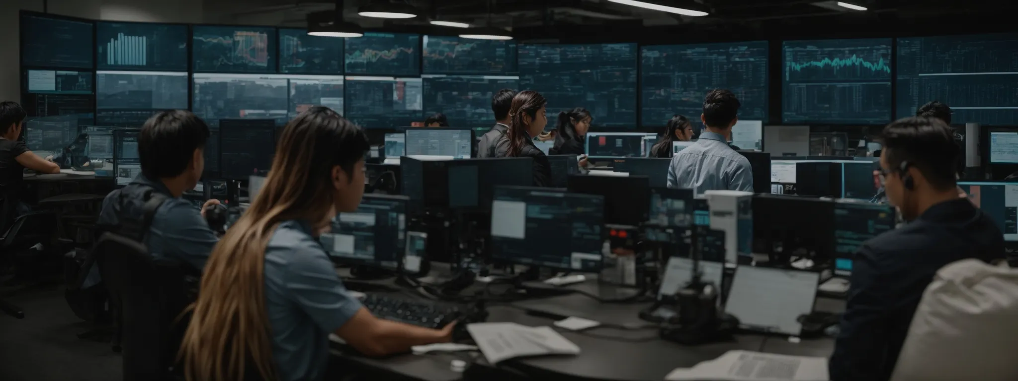 a bustling digital marketing agency with strategists analyzing performance metrics on large monitors.