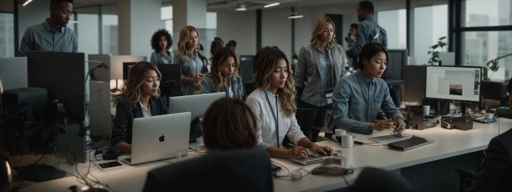 a diverse group of professionals collaborating over a computer in a bright, modern office.