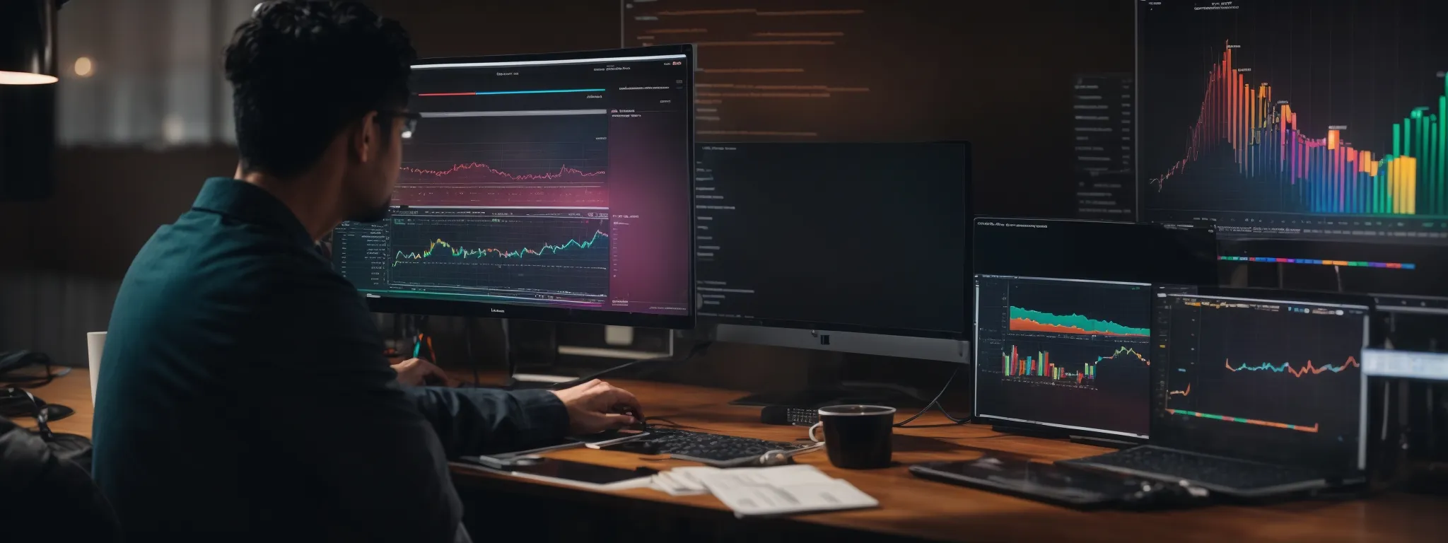 a digital marketer observes a computer screen displaying colorful graphs and charts representing consumer data trends within a marketing funnel interface.