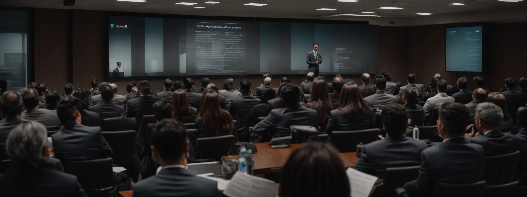 a professional presenting a seo case study on a large screen to a conference room full of attentive audience members.