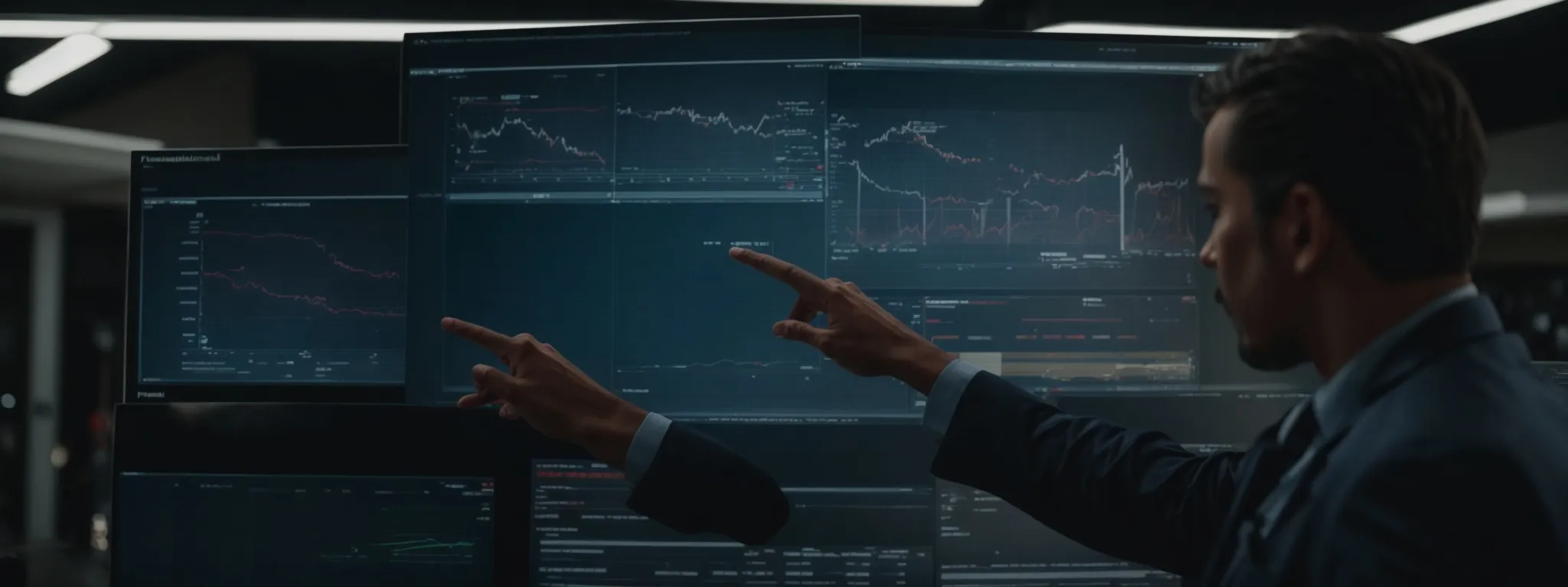 a professional pointing at a large screen displaying various erp module charts and graphs.
