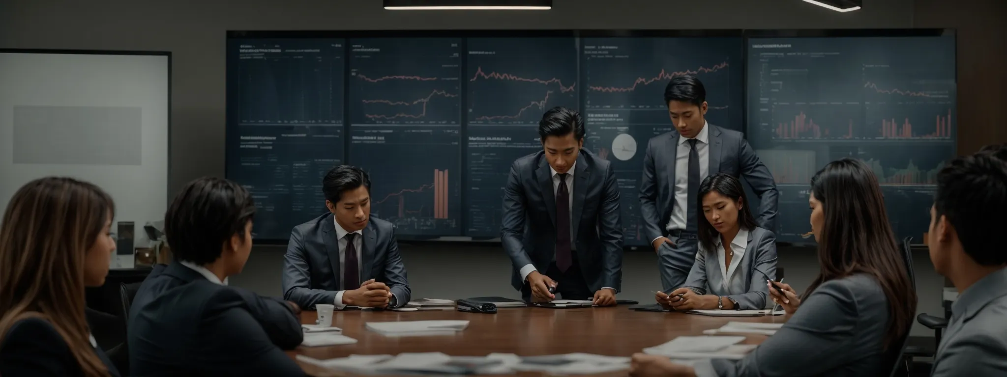 a group of professionals around a meeting table with digital charts displaying consumer behavior stages.