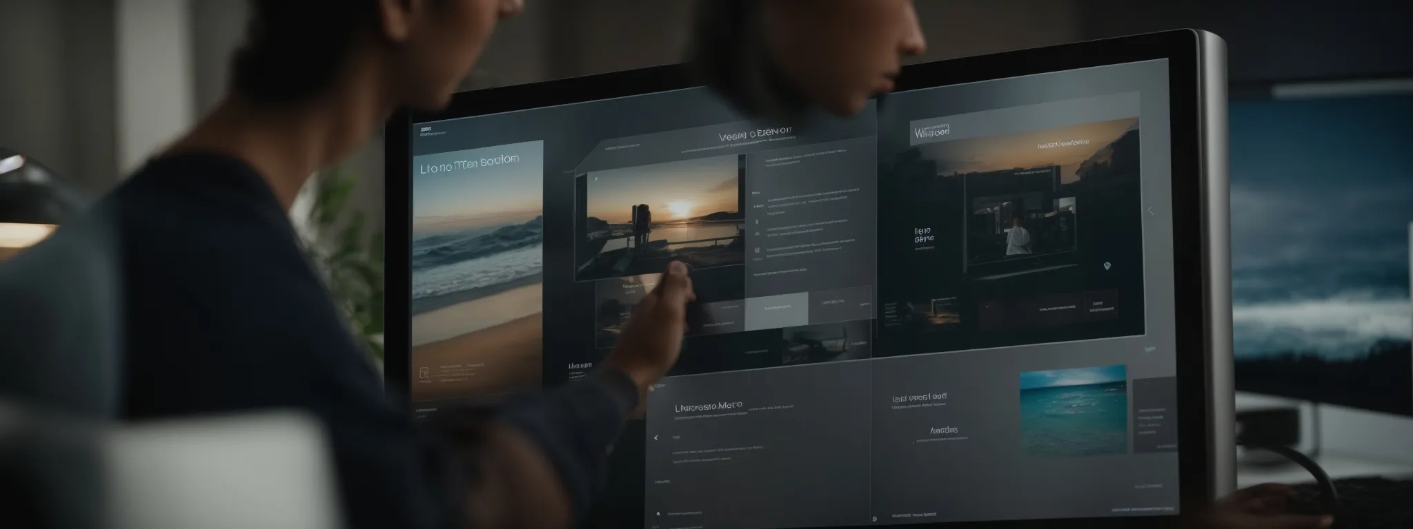 a person interacting with a touch screen display showcasing a website layout and ux design options.