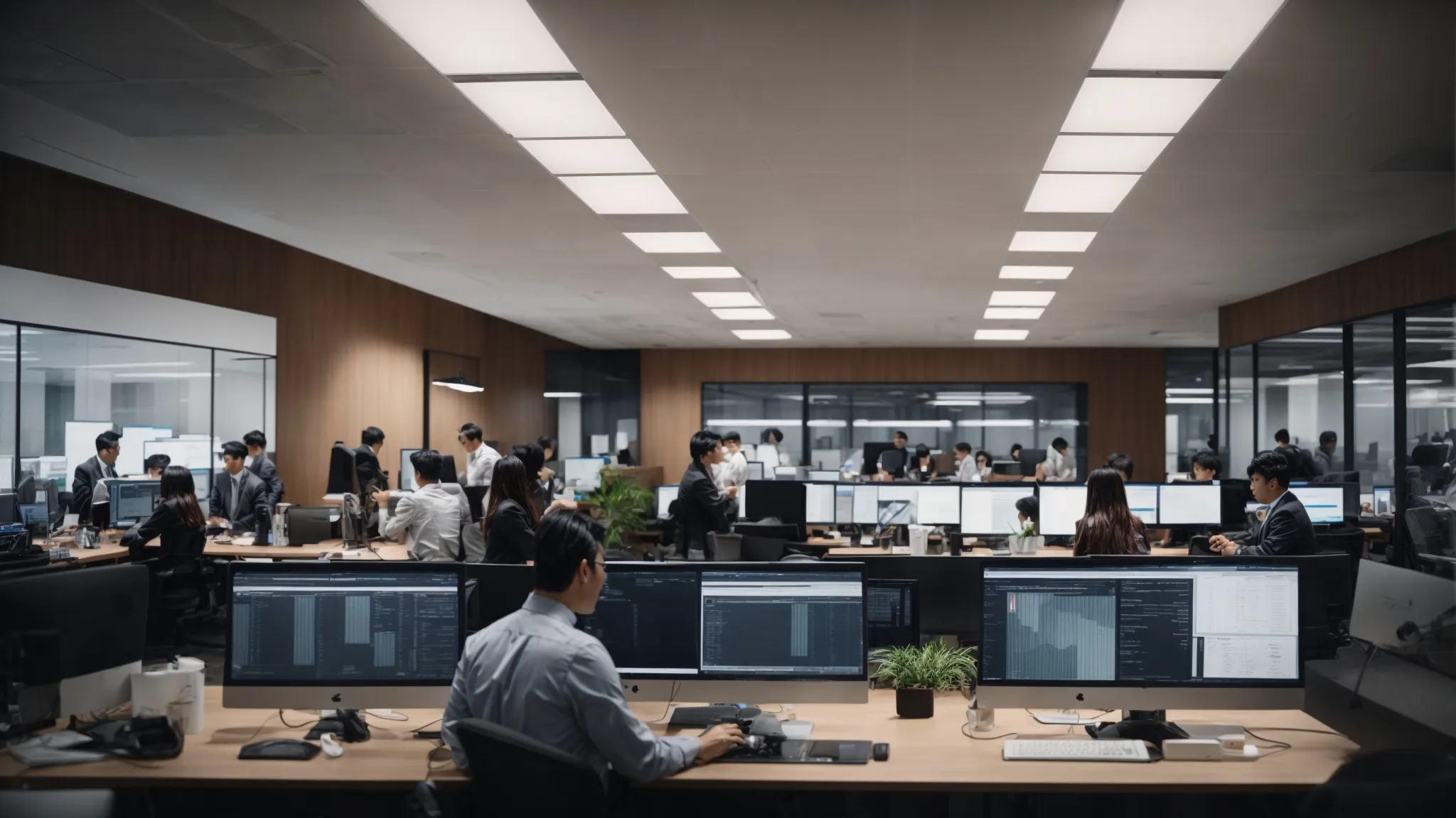 a bustling open-layout marketing office with employees analyzing data on large screens while discussing strategy.
