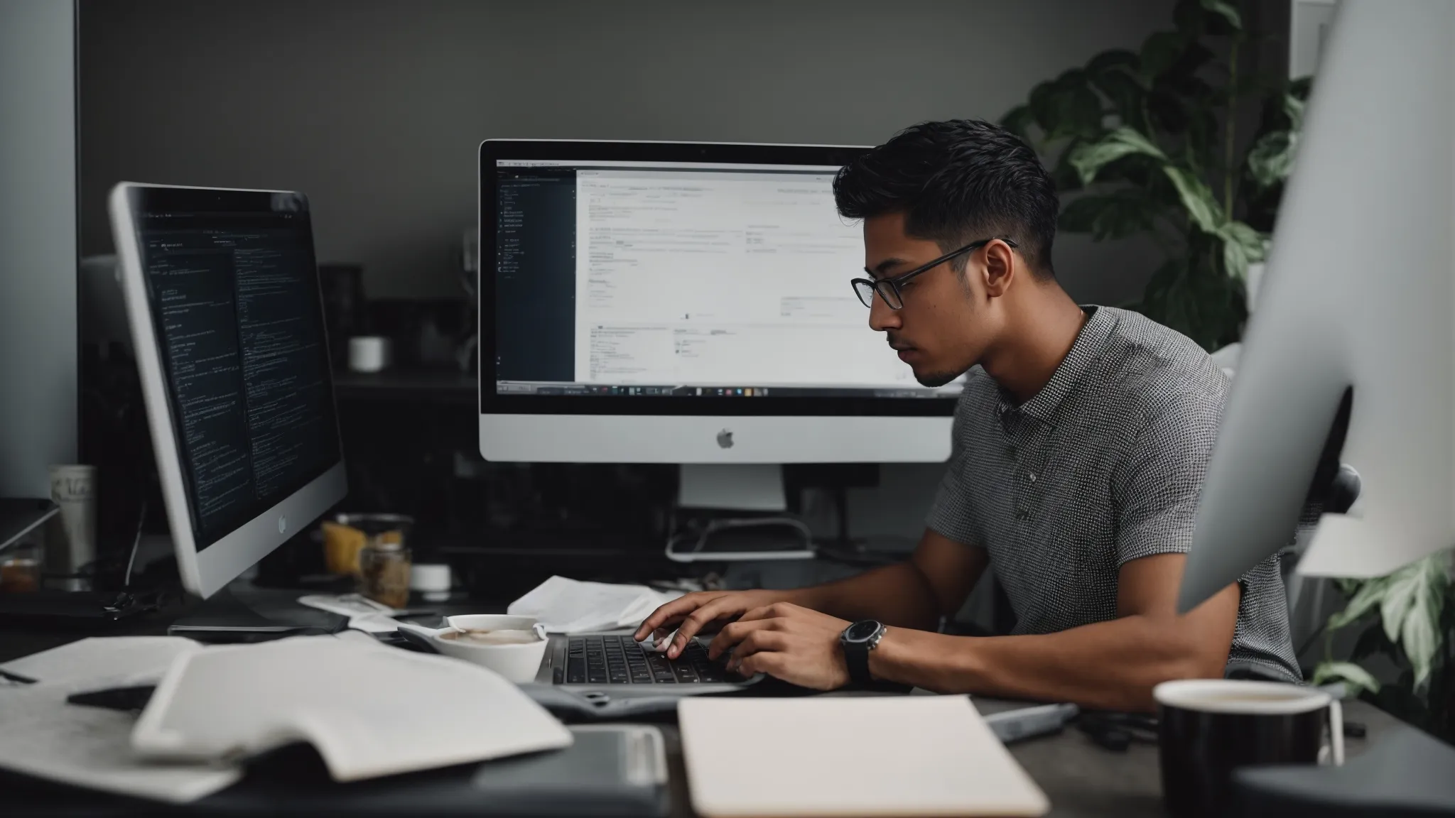 a web developer works on a computer optimizing a website layout for better search engine rankings.