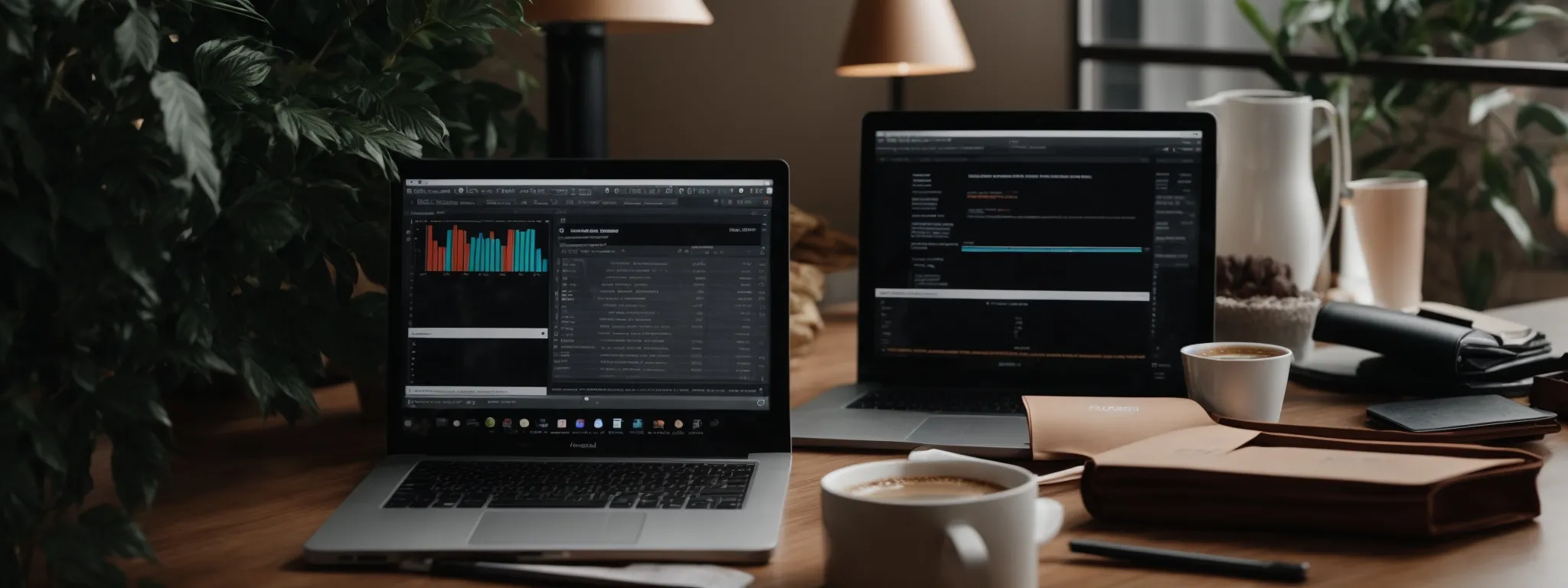 a laptop with analytics on the screen surrounded by marketing strategy documents and a cup of coffee.