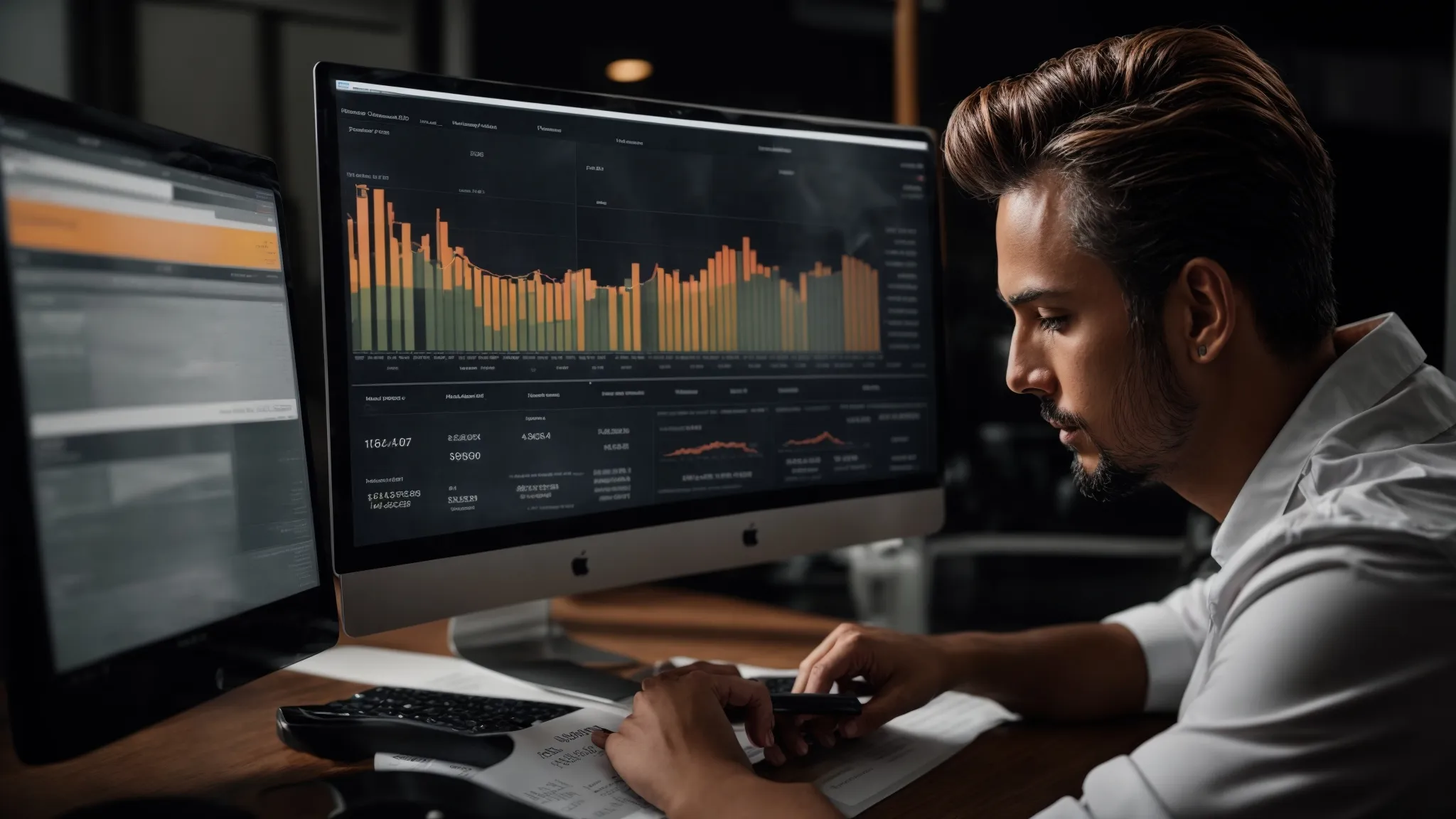 a business owner is thoughtfully examining a comprehensive analytics dashboard on a computer screen, reflecting local search performance metrics.