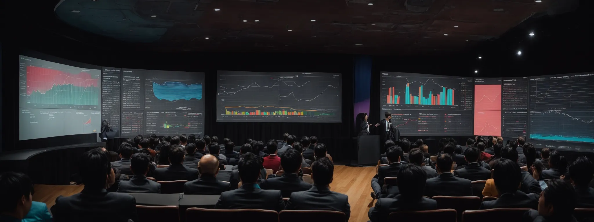 a professional lecture with a large screen displaying colorful graphs and marketing analytics.