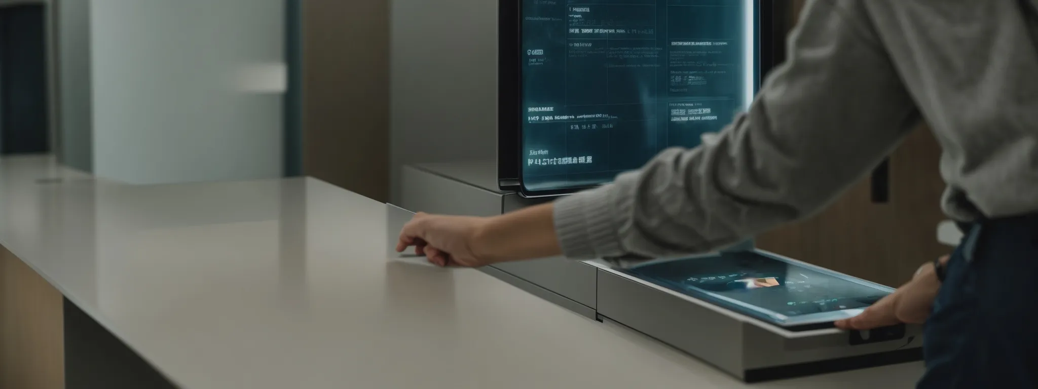 a person casually swiping through a sophisticated, interactive digital display in a modern, brightly lit room.