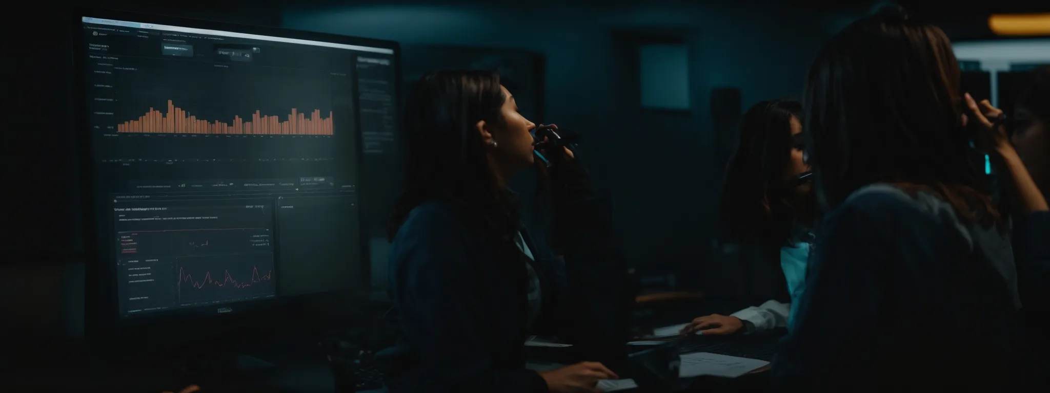 a professional marketing team analyzes data on a computer dashboard, strategizing content optimization.