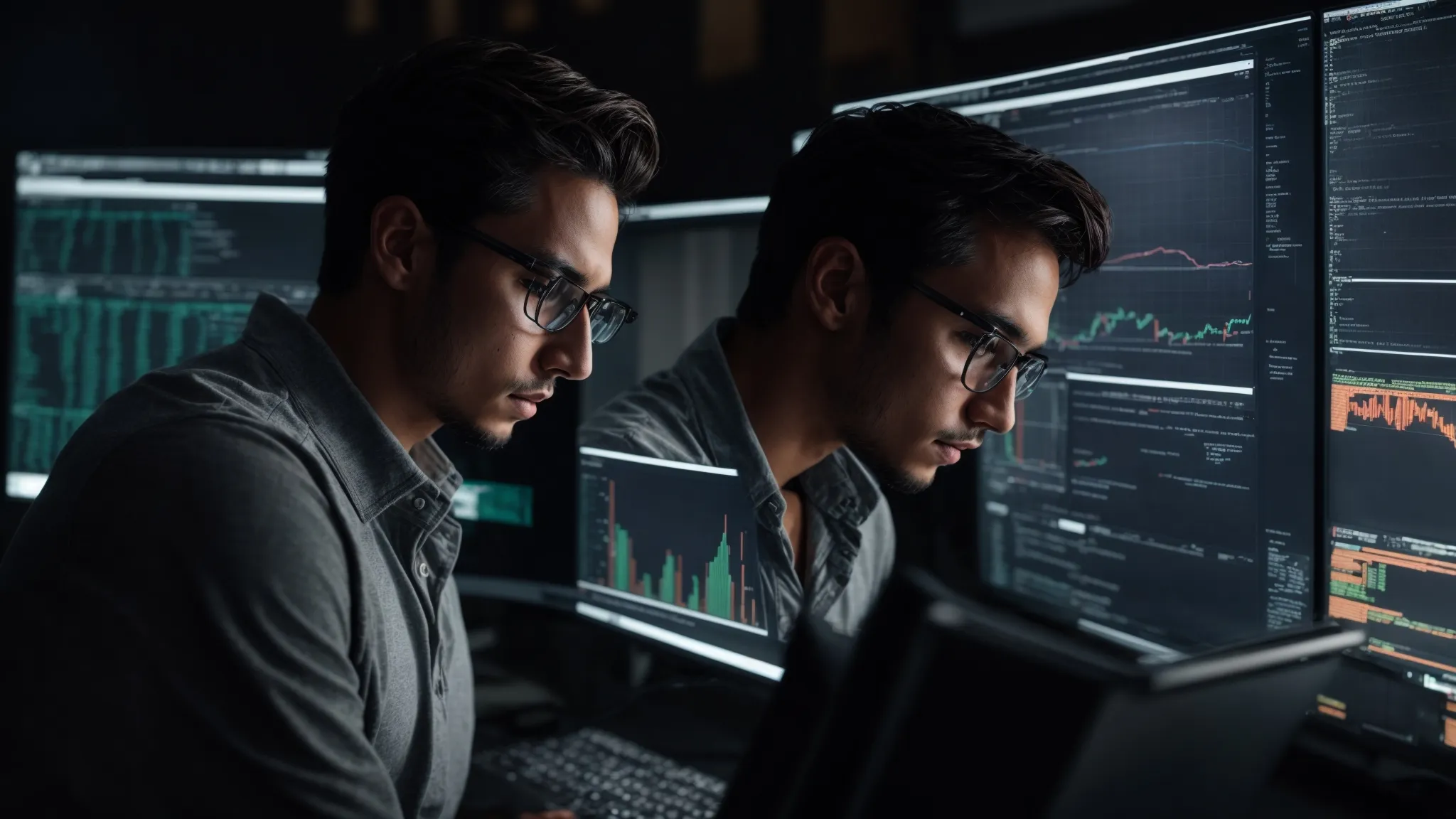 a web developer scrutinizes various seo software interfaces on a computer screen with visible graphs and data analysis.