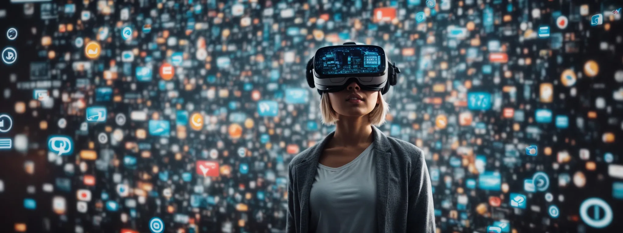 a person with vr goggles surrounded by digital icons representing various online marketing channels.