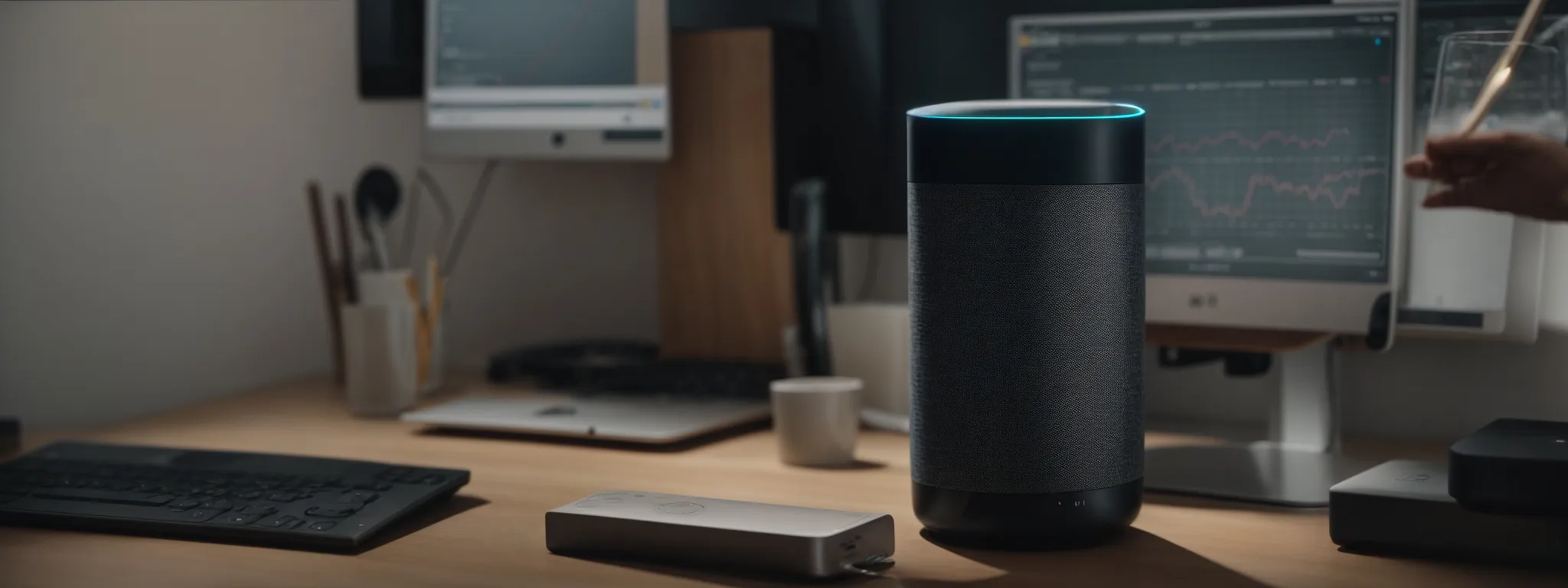 a person speaking into a smart speaker on a minimalist desk with a digital marketing strategy chart in the background.