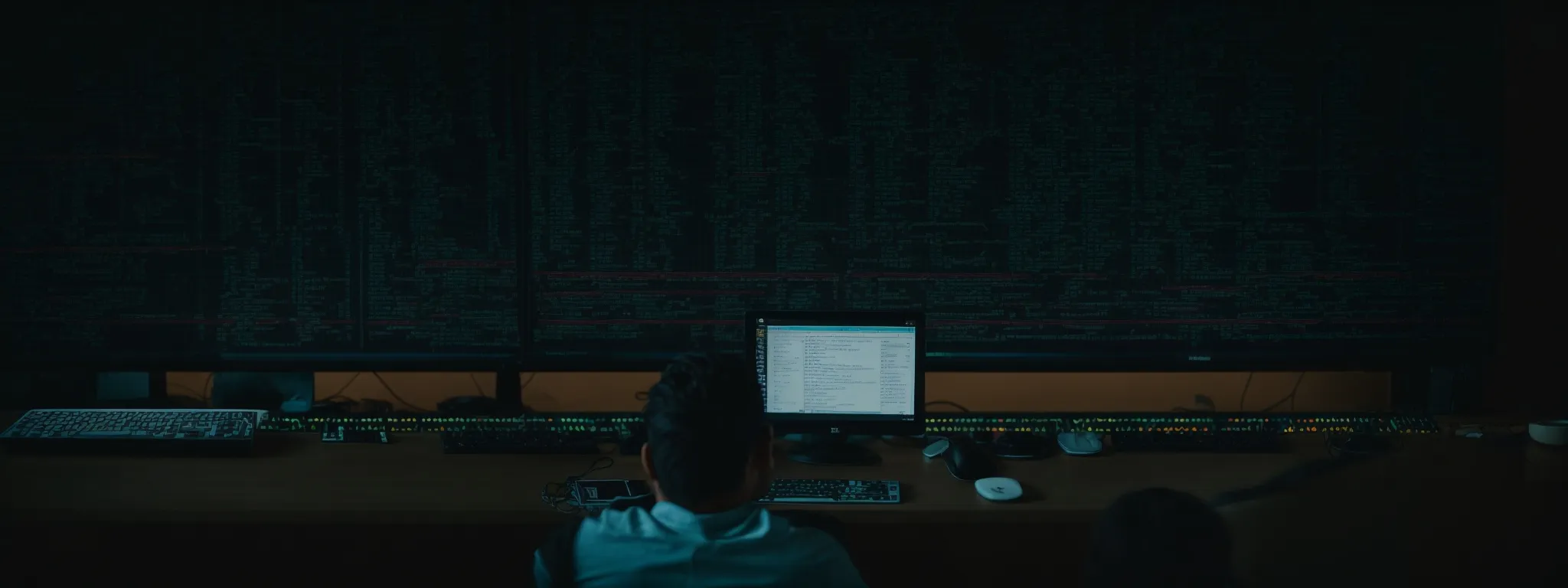 a person sitting in front of a computer screen with code and search engine results displayed.