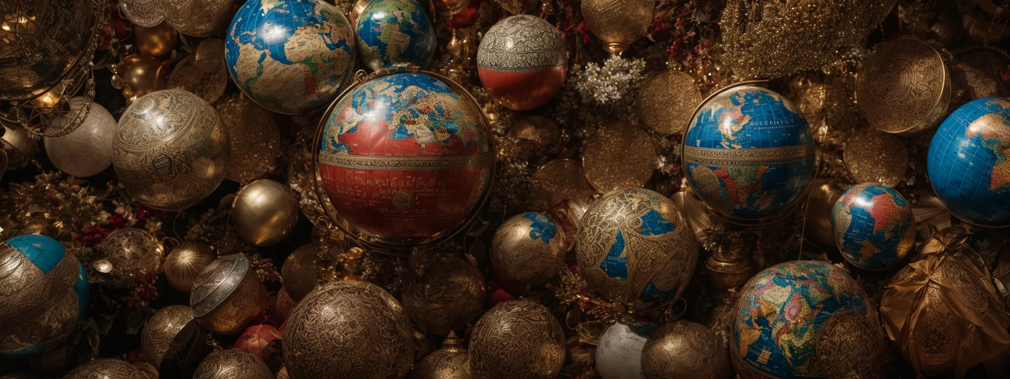 a globe surrounded by various traditional symbols representing different cultures.