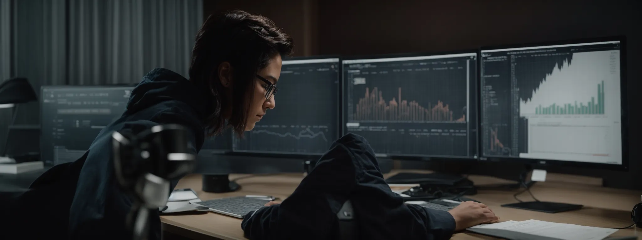 a digital marketer analyzing graphs and charts on a computer screen to compare seo and ppc campaign metrics.