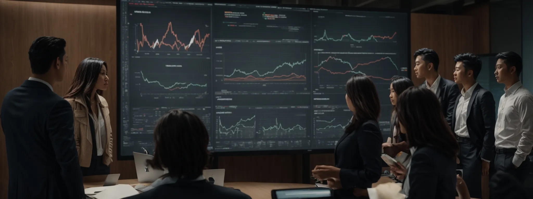 a diverse group of marketing professionals gathers around a large screen, intensely analyzing graphs that predict online consumer trends.