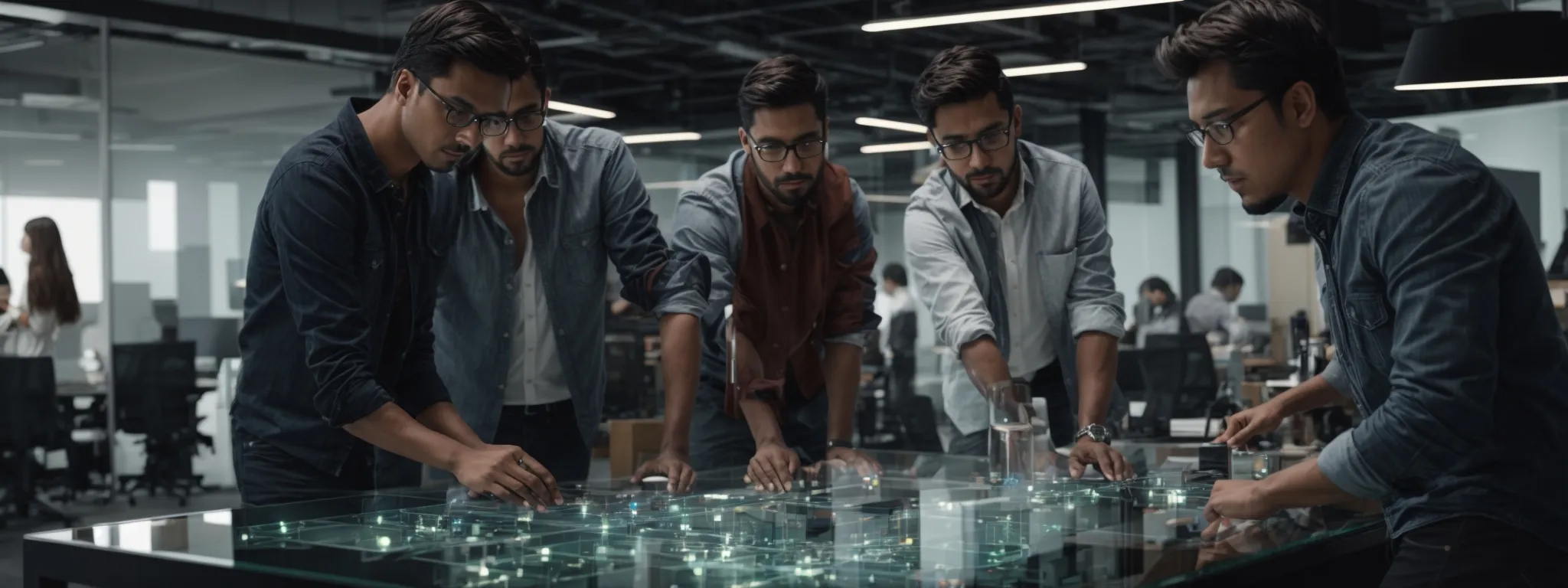 a team of developers collaborates around a glass table, amidst a tech-savvy office environment, brainstorming over a complex network diagram.