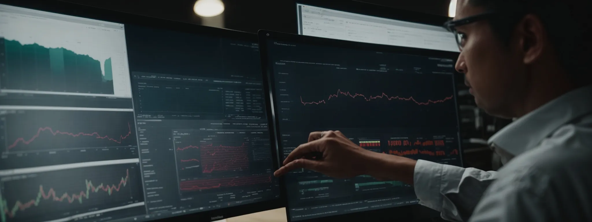 a professional reviewing a detailed analytics dashboard on a computer screen, reflecting various metrics and trends in website performance.