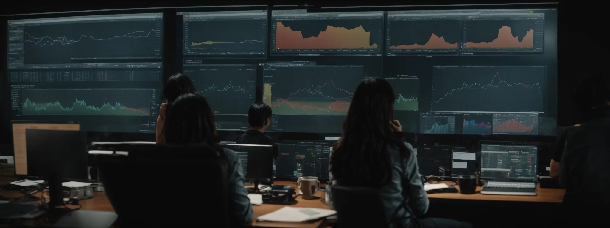 a marketing team scrutinizing analytics dashboards to refine their seo strategies.
