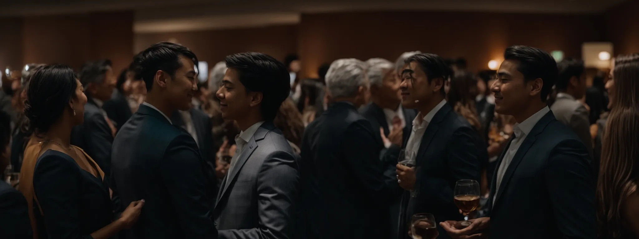a cluster of individuals engaged in animated conversation at a professional networking event.