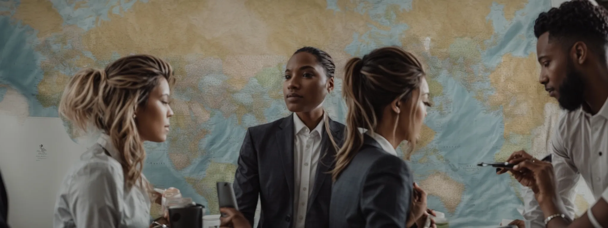 a diverse group of professionals gather around a global map pinpointing various locations, symbolizing a strategy session focused on expanding local citations for global business impact.