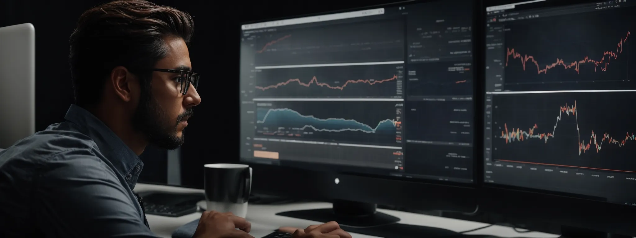a digital marketing professional analyzing graphs on a computer screen to enhance app visibility and search rankings.