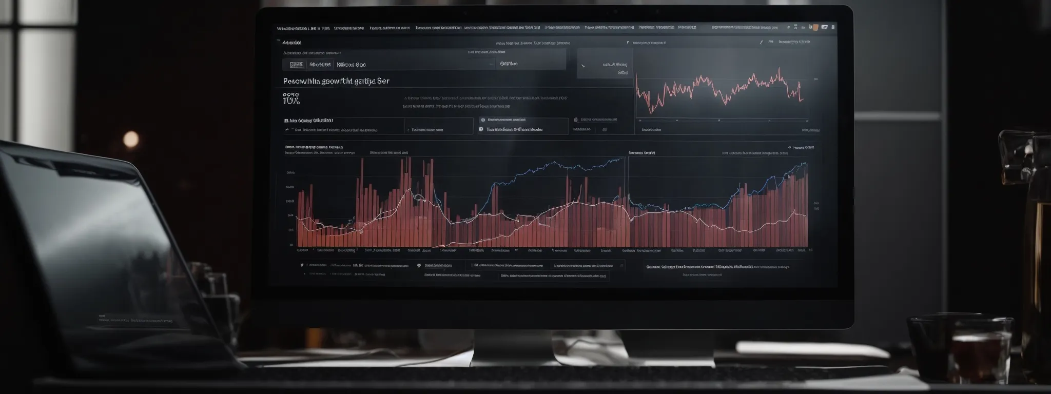 a computer screen displaying a website with analytics graphs indicating search traffic growth.