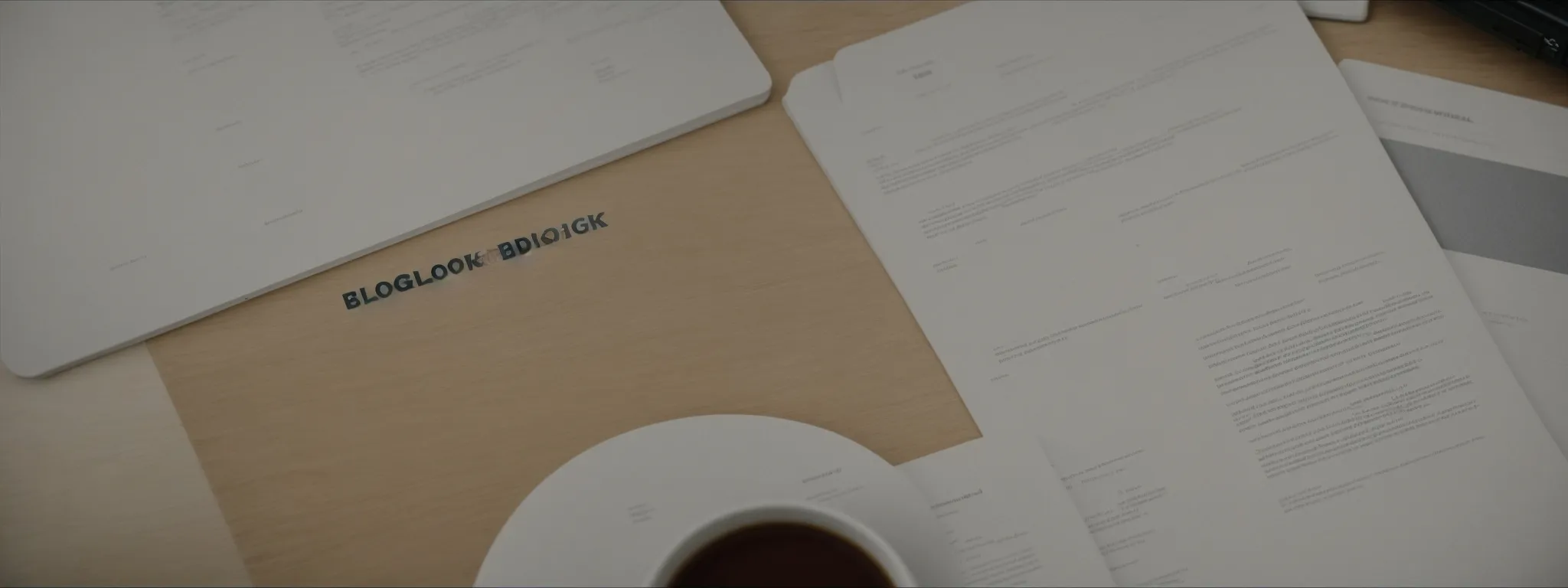a desk with an open laptop displaying a blog post editor on the screen, surrounded by a notepad, a pen, and a cup of coffee.