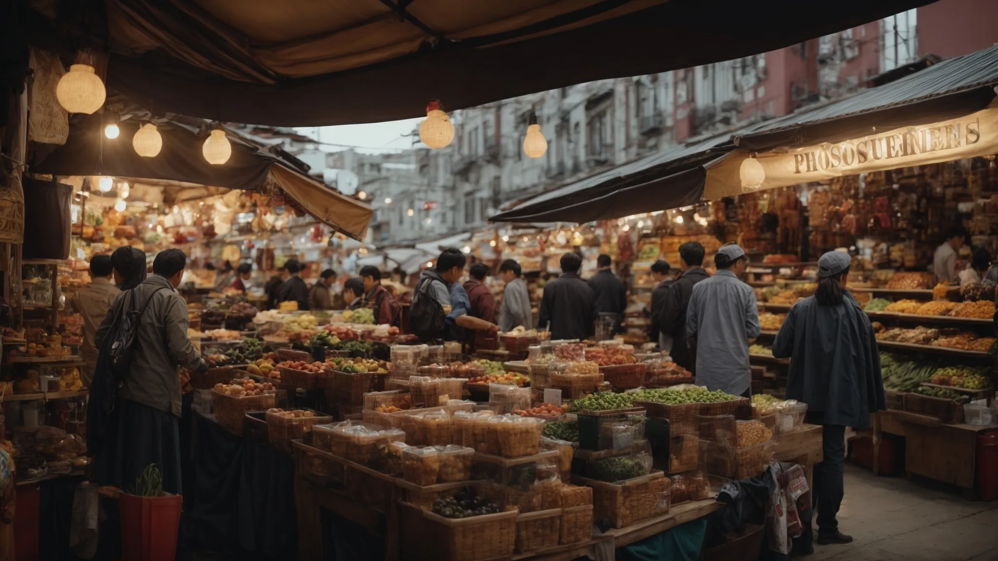 a bustling local marketplace with a business storefront prominently displaying its unique offerings to passersby.