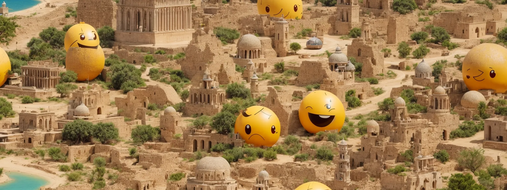a diverse array of emoji landmarks, including international monuments and nature symbols, arranged around a digital earth.