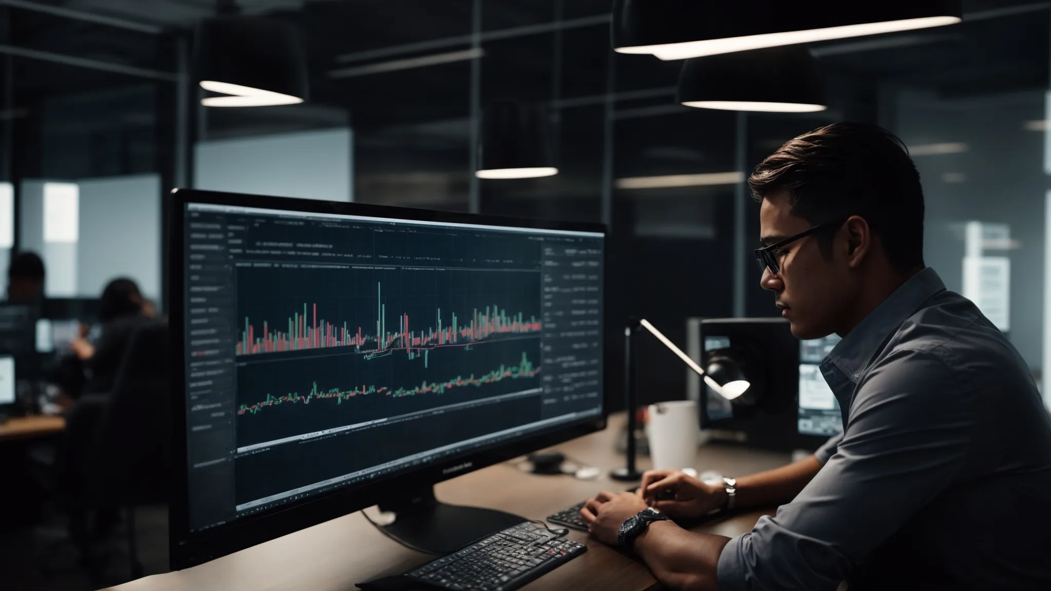 a person views analytics graphs on a computer screen in a modern office setting.