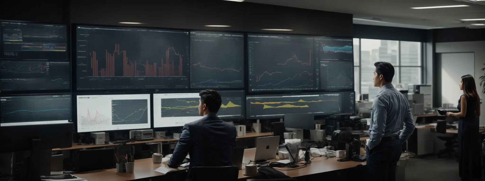 a modern office setting with a diverse team of professionals analyzing graphs and charts on a large digital screen.