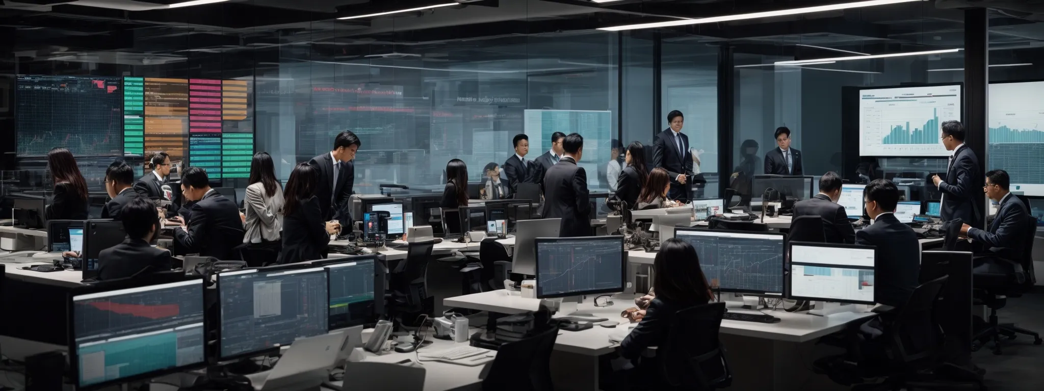 a sleek, modern office with marketers and analysts collaborating around a large dashboard screen displaying colorful charts and website traffic flow graphics.
