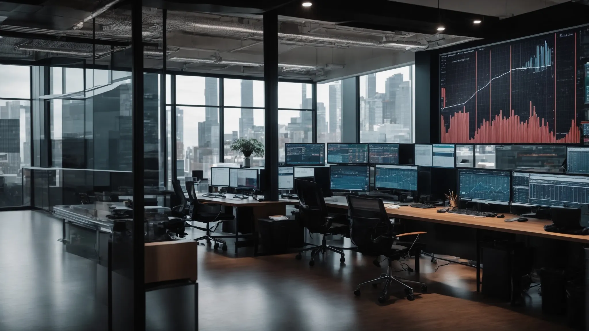 a modern office with computer screens displaying graphs and data analytics software, symbolizing the integration of ai in local seo strategies.