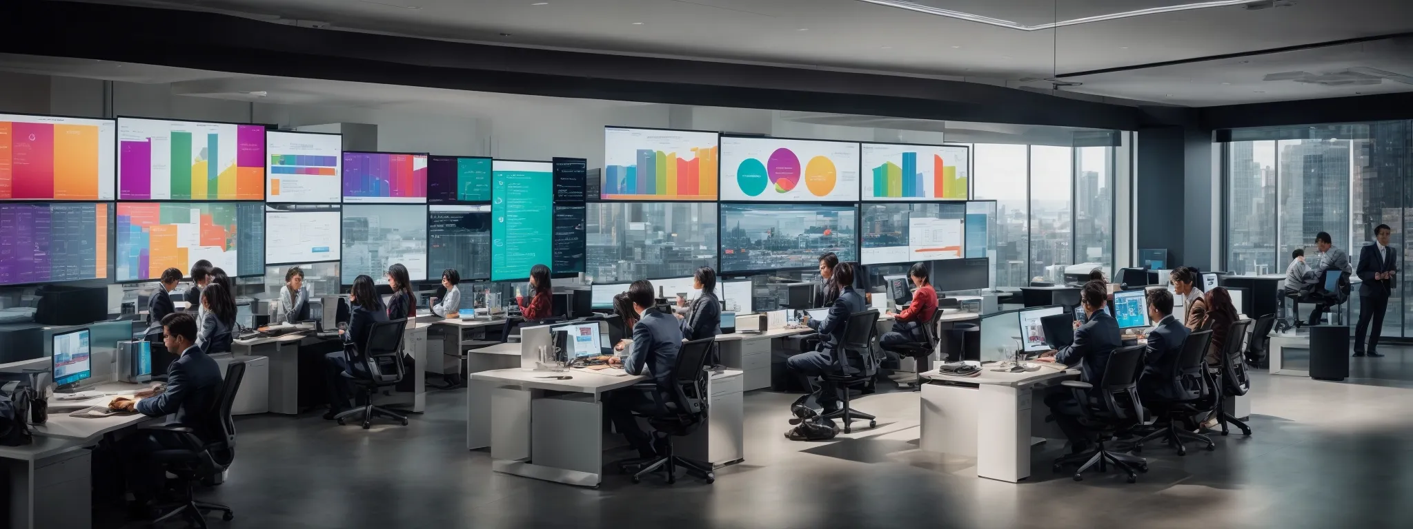 a sleek modern office full of vibrant, engaged marketers strategizing around a large digital screen displaying colorful analytics graphs.