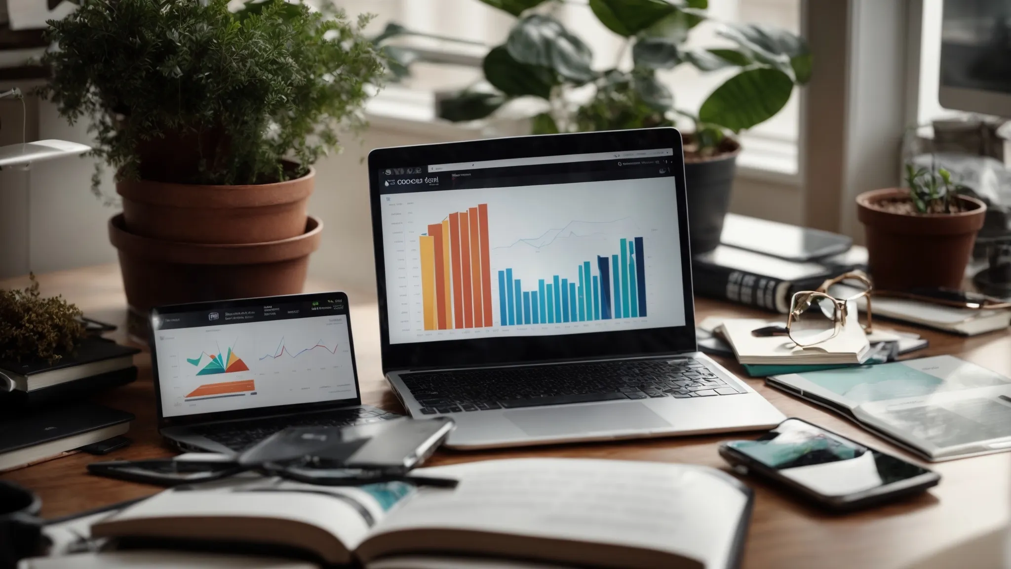 a laptop displaying charts and graphs is surrounded by marketing books and a smartphone on a tidy desk with a potted plant nearby.