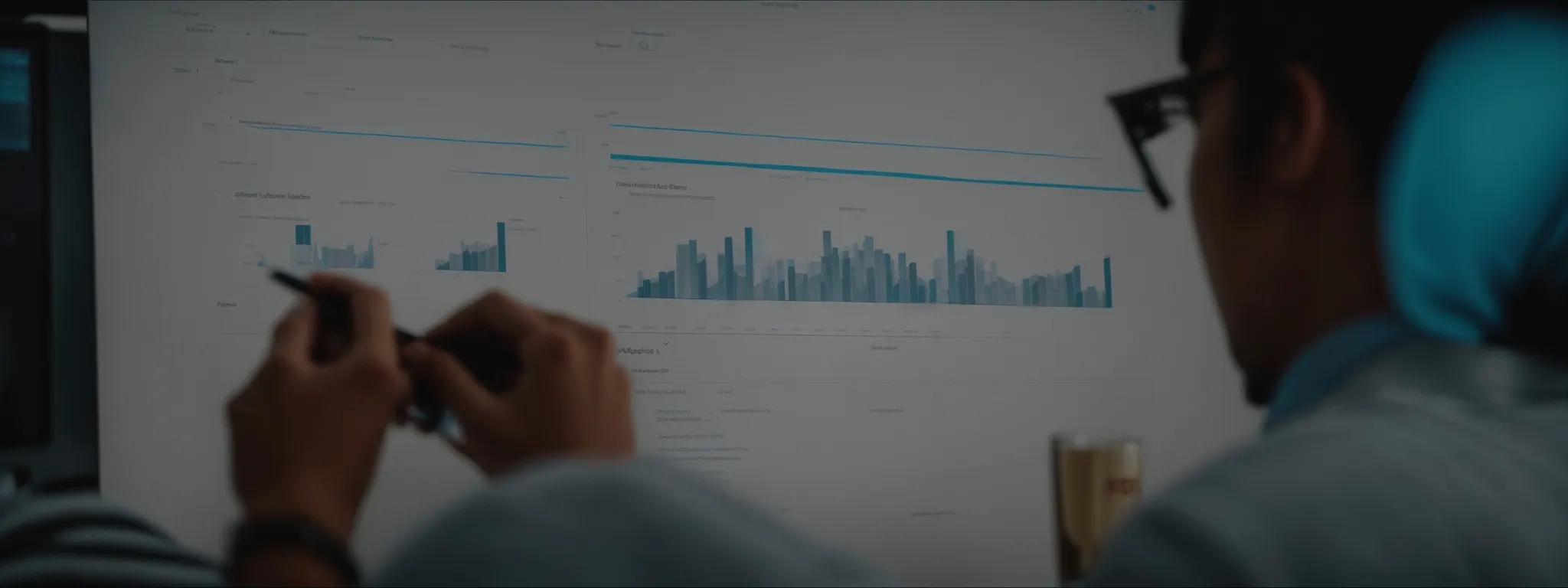 Two people look at a computer screen displaying bar and line graphs with data trends, analyzing the impact of long-tail keywords on performance.