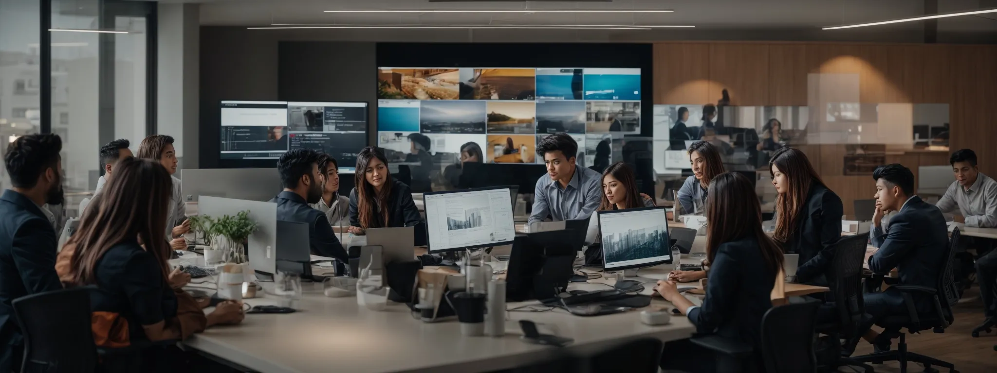 a creative team in a modern open-plan office passionately brainstorming around a large digital screen displaying a vibrant, captivating brand story.