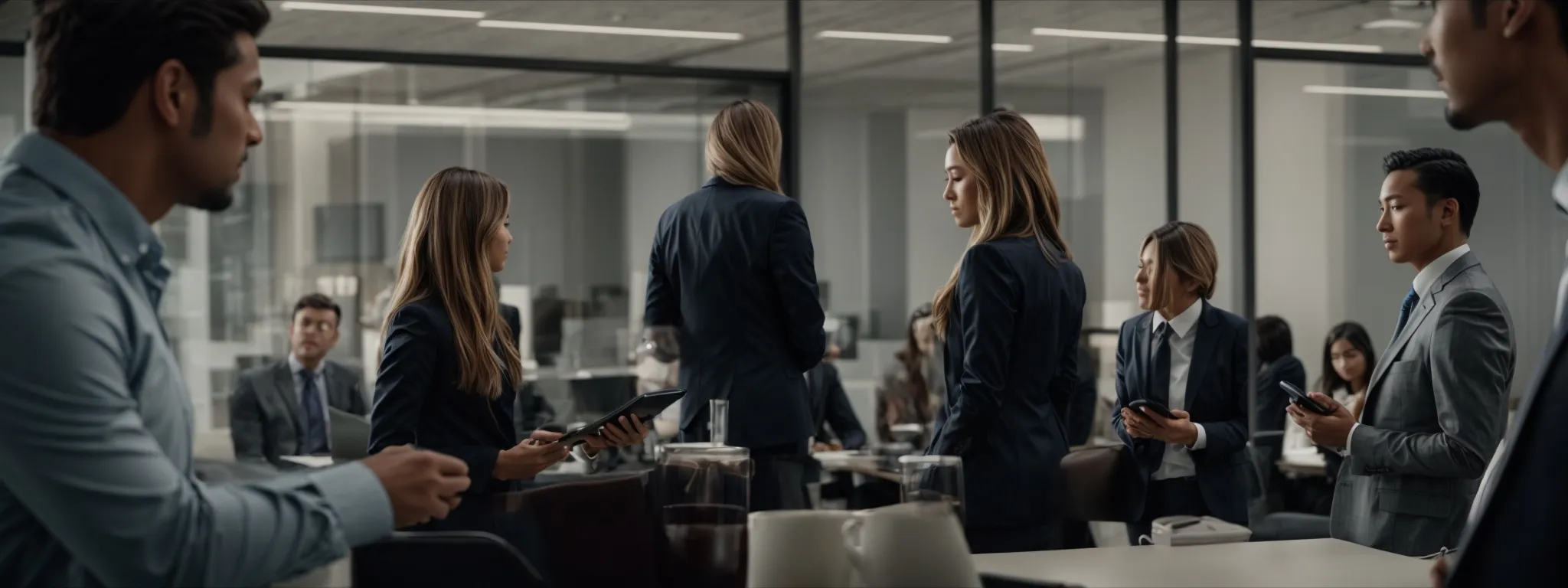 a professional meeting with executives discussing over a digital tablet against the backdrop of a bustling modern office.