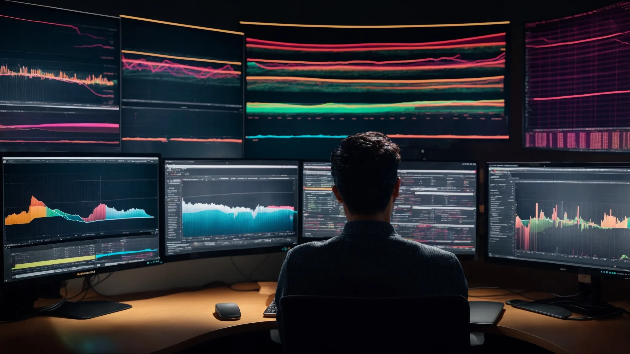 a person sitting at a desk with two computer screens displaying colorful graphs and a website analytics dashboard.