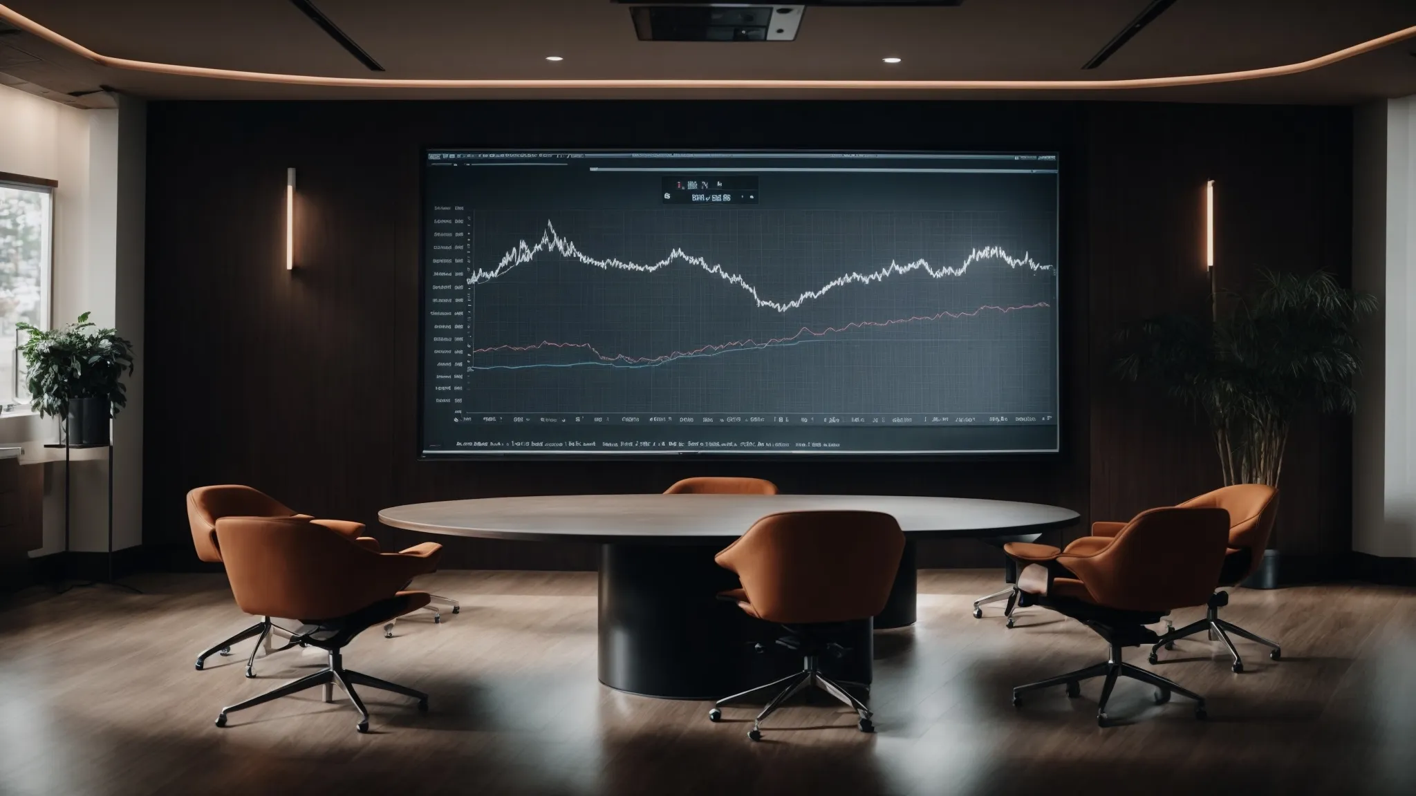 a professional meeting room with a round table, two chairs, and a screen displaying a graph related to machine learning and seo.